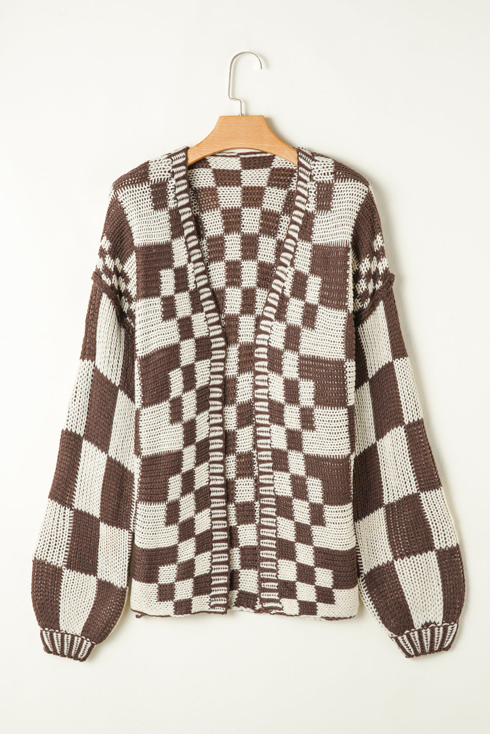 Smoke Gray Colorblock Checked Open Front Knitted Cardigan