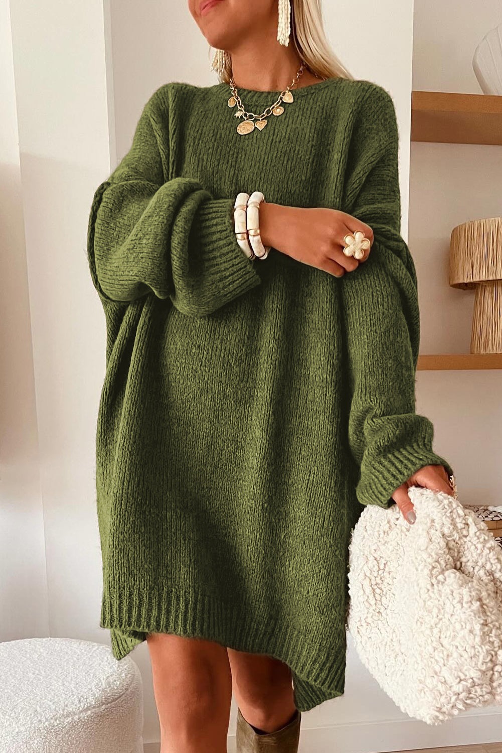 Pale Khaki Oversize Drop Shoulder Slouchy Sweater Dress