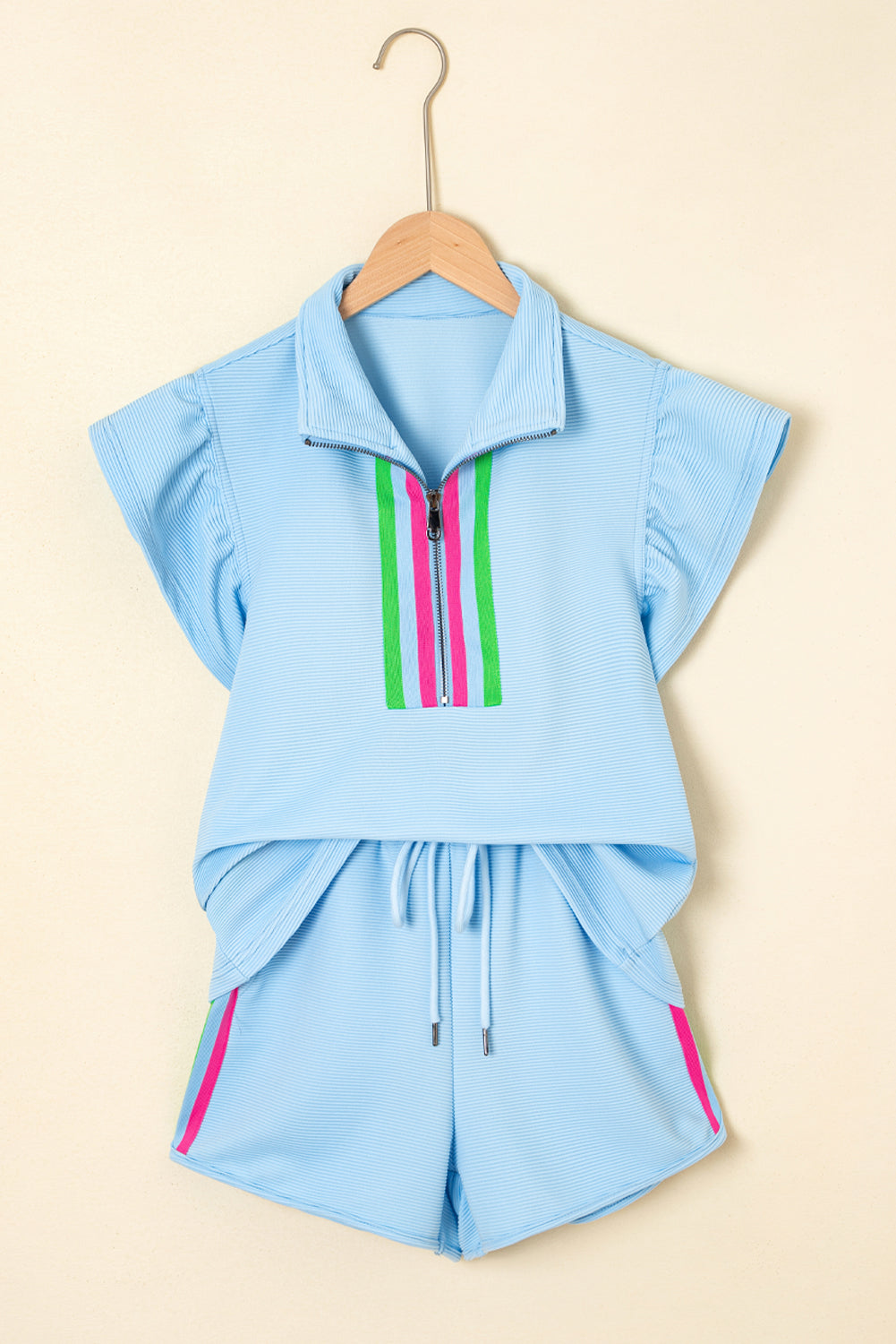 Strawberry Pink Flutter Sleeve Pop of Color Neckline Top and Shorts Set