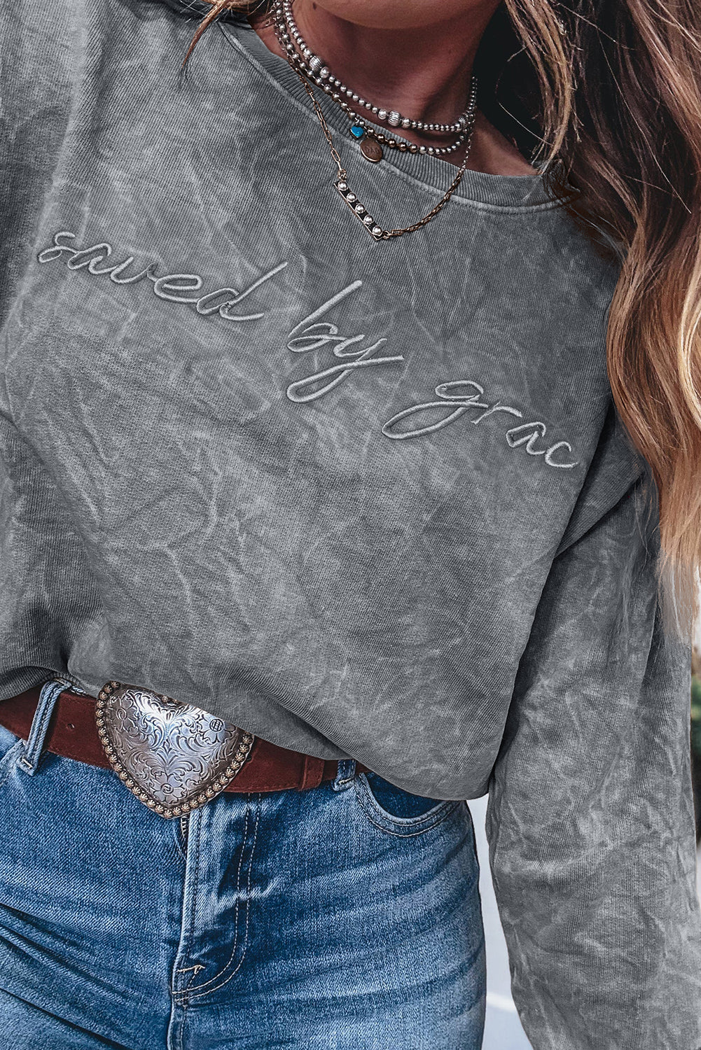 Saved by grace Letter Embroidery Mineral Wash Loose Sweatshirt