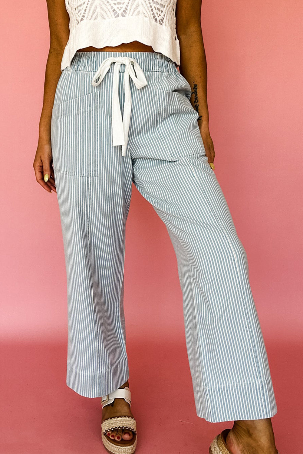Sky Blue Striped Mid Rise Drawstring Waist Jeans
