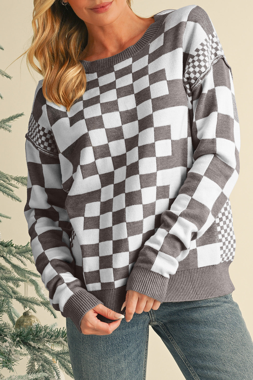 Brown Checkered Drop Shoulder Round Neck Sweater