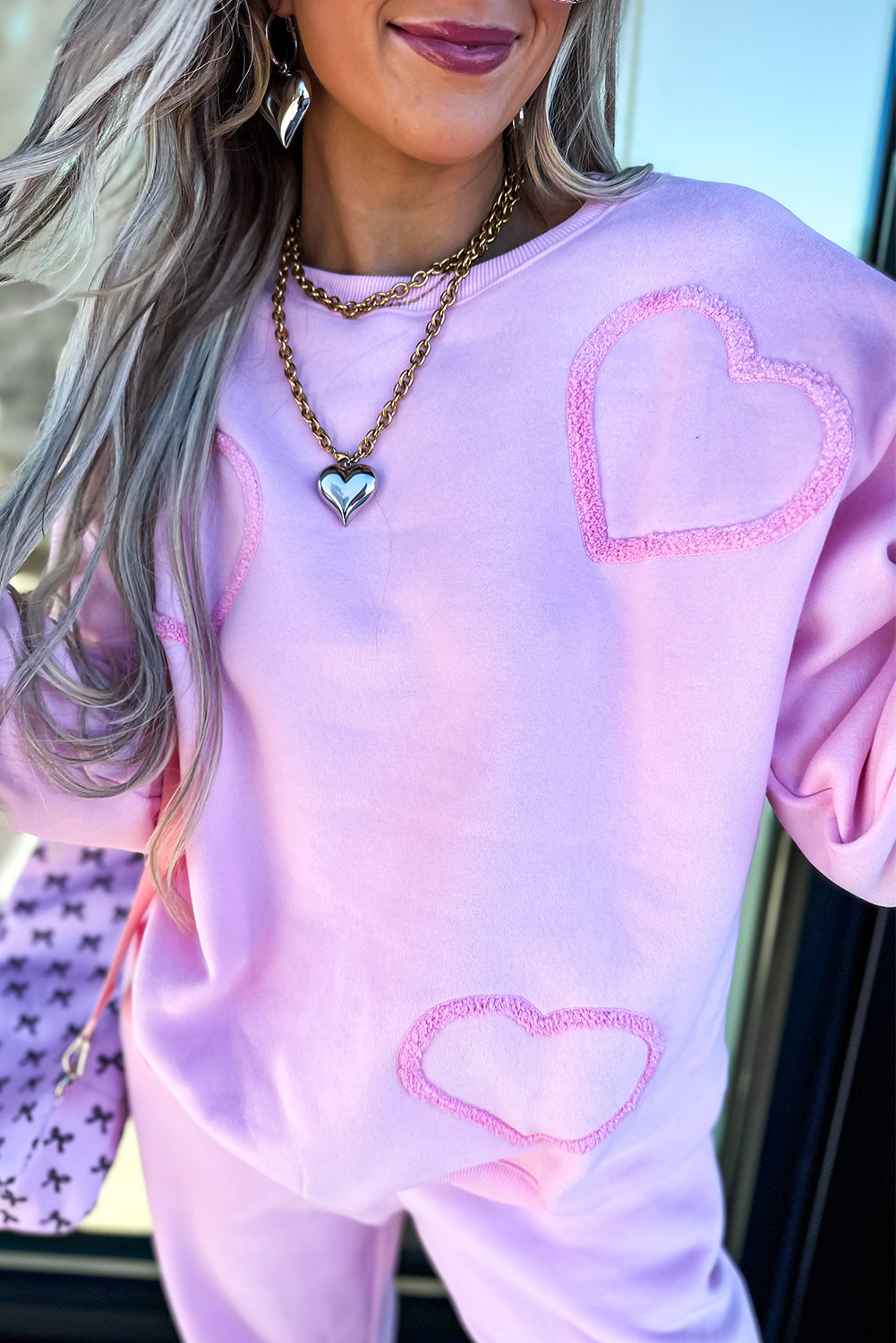 Phalaenopsis Chenille Heart Pattern Casual Pants Set