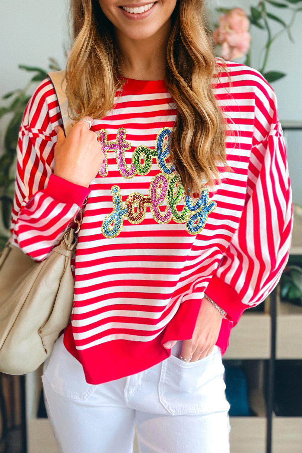 Red Stripe Holly Jolly Sequins Patch Drop Shoulder Long Sleeve Top