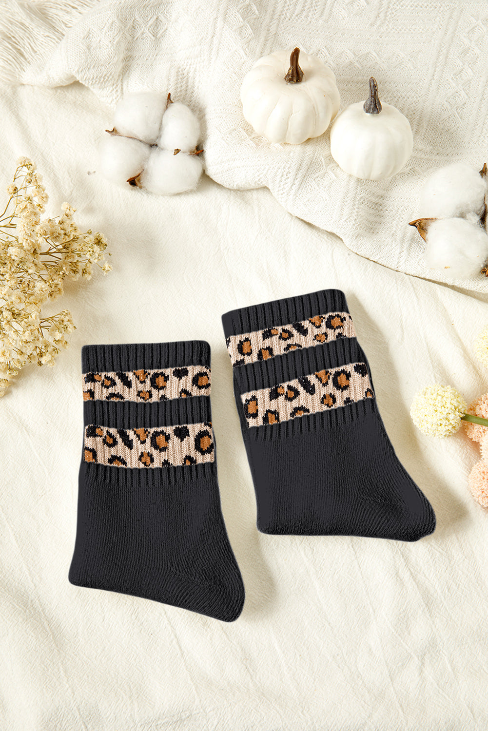 White Leopard Double Stripe Crew Socks