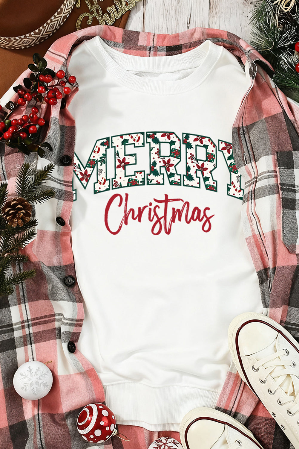 White Merry Christmas Graphic Heat Transfer Printing Cotton Blend Sweatshirt