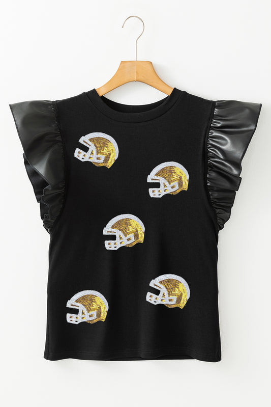 Black Sequin Helmet Graphic Leather Ruffle Sleeve Top
