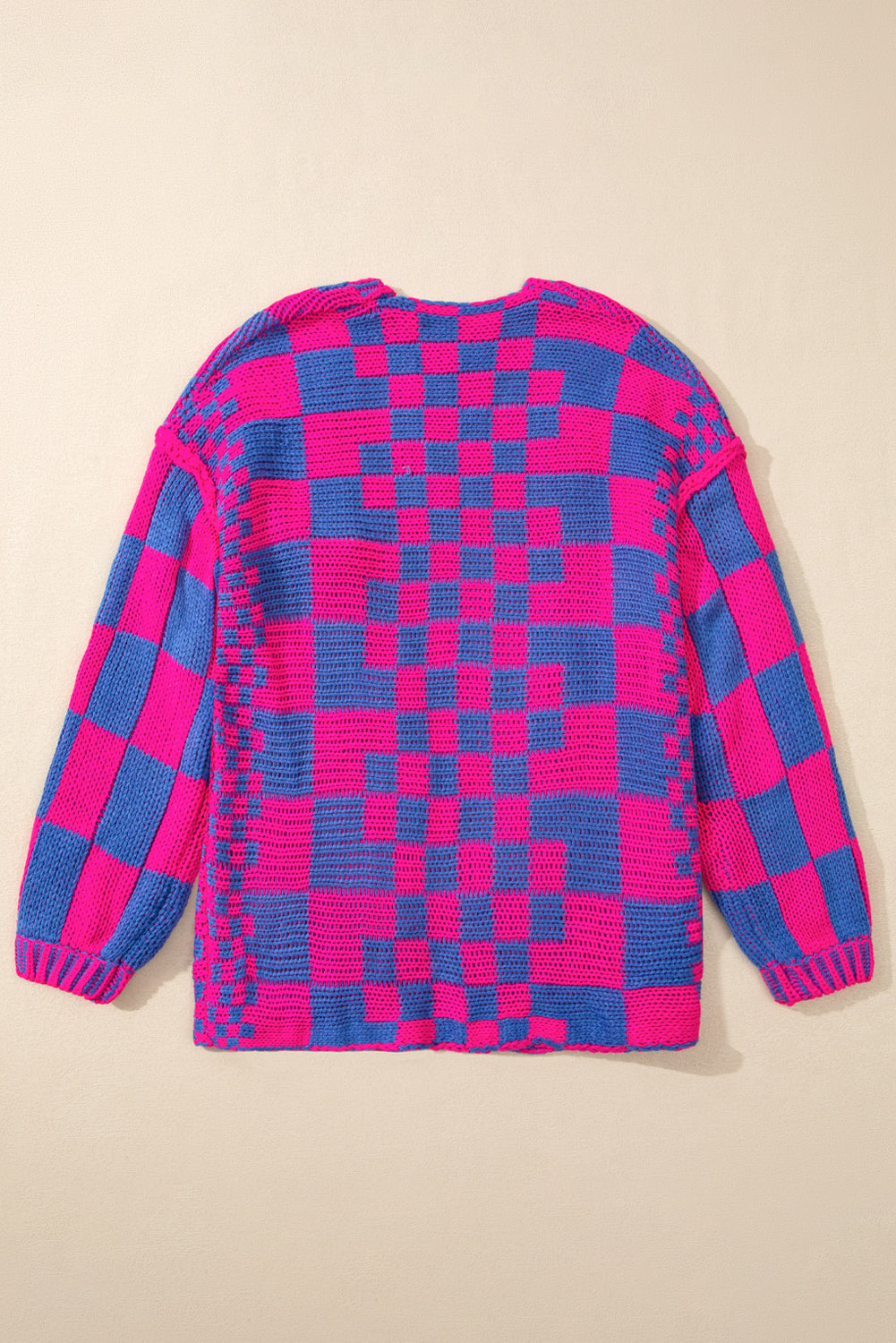 Rose Red Colorblock Checked Open Front Knitted Cardigan