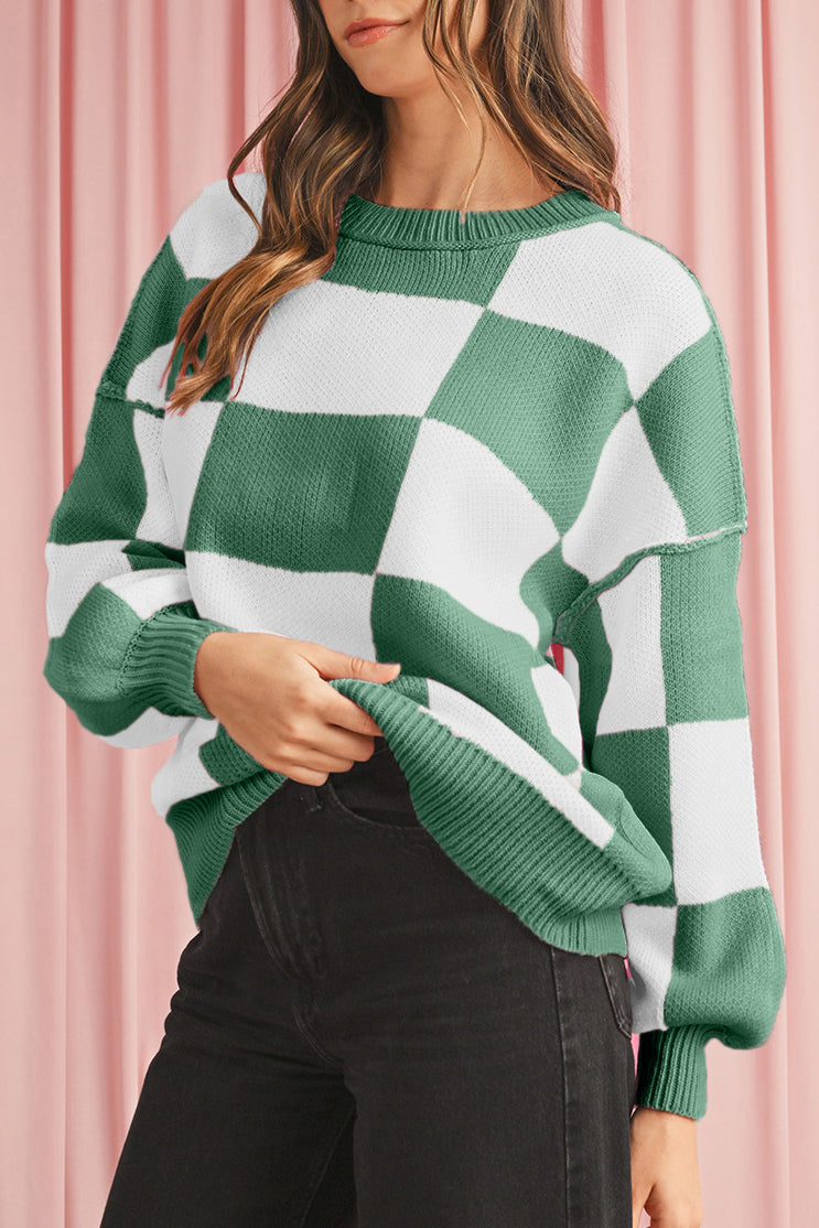 Pink Checked Bishop Sleeve Pullover Sweater