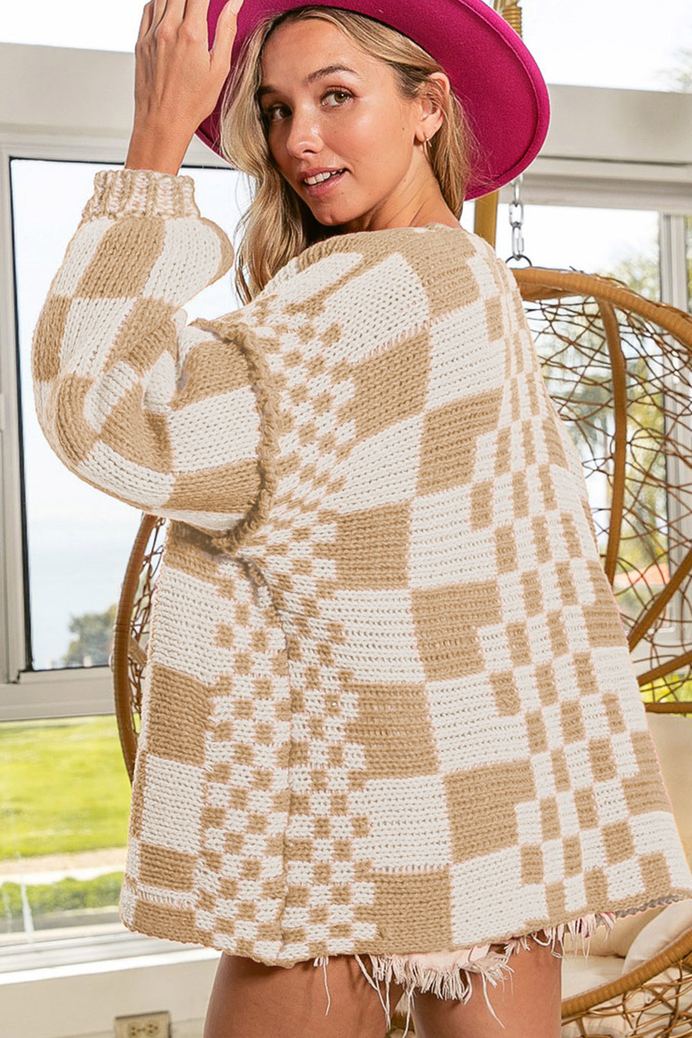 Smoke Gray Colorblock Checked Open Front Knitted Cardigan