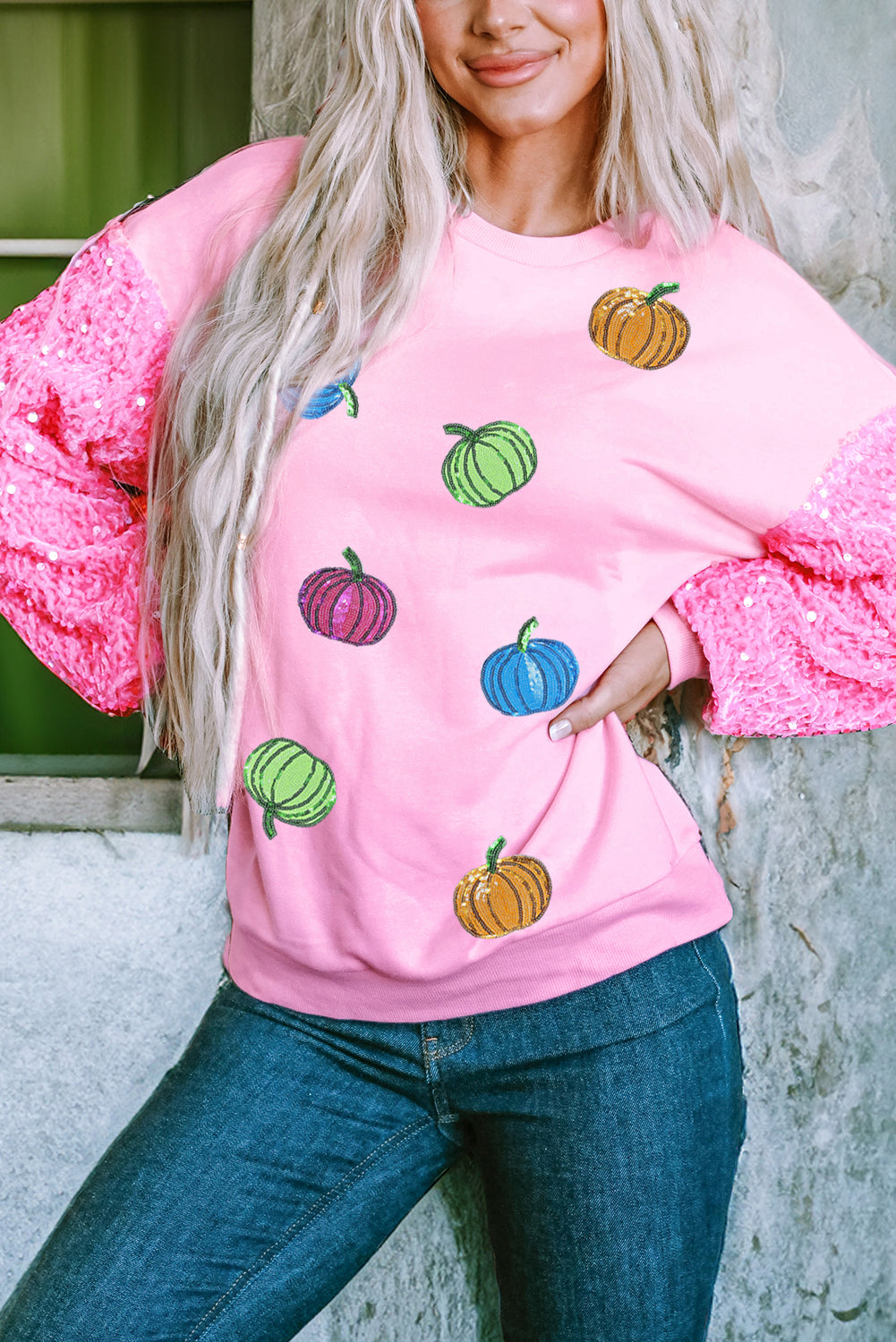Pink Thanksgiving Halloween Pumpkin Pattern Sequin Sleeve Patchwork Pullover Top