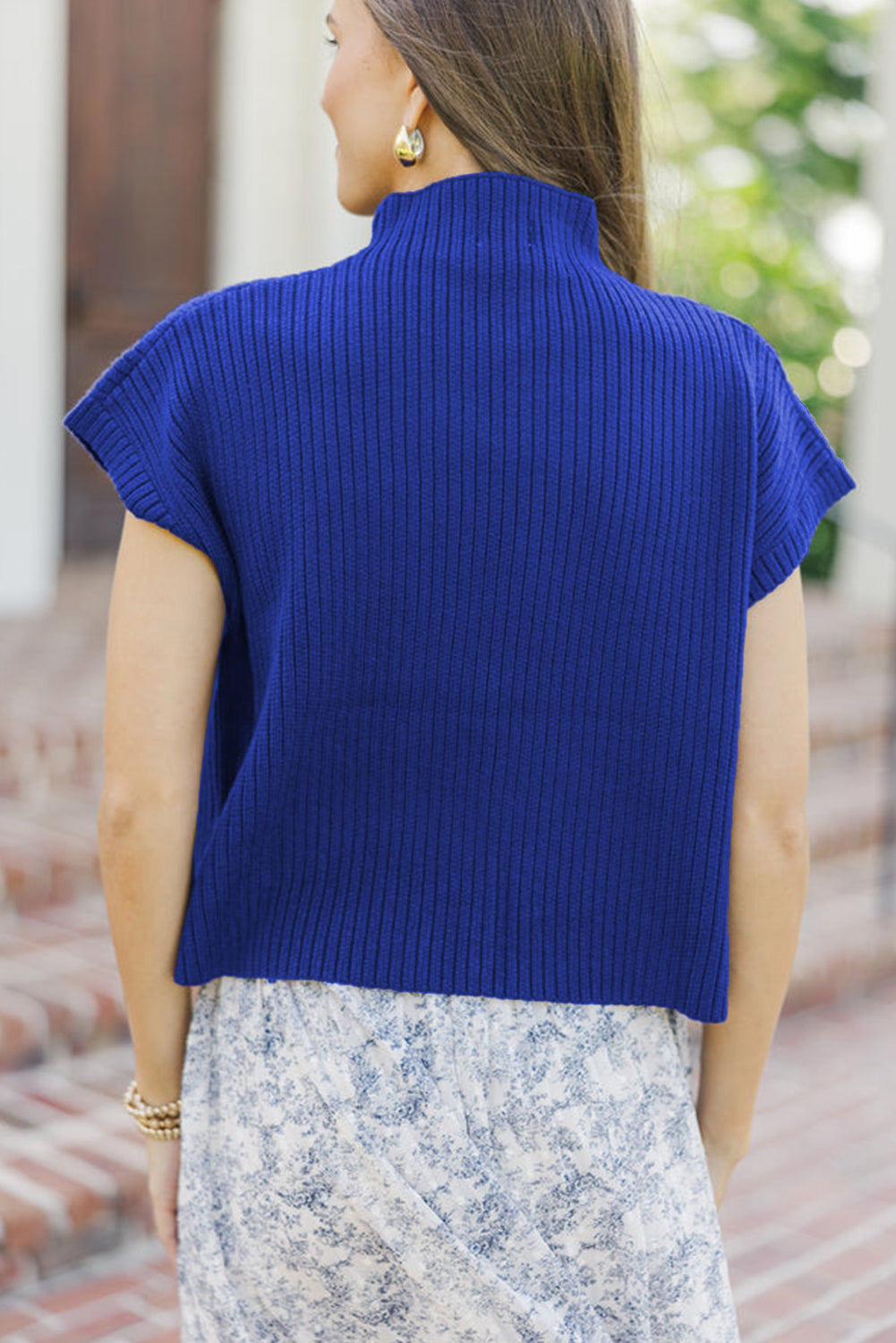 Dark Blue Patch Pocket Ribbed Knit Short Sleeve Sweater