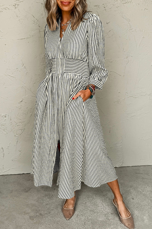 Black Striped V Neck Zip Front Cinched High Waist Midi Dress