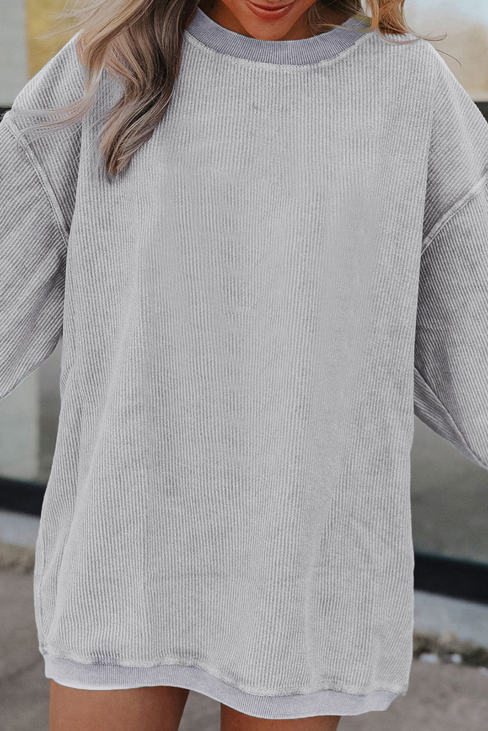 Light Pink Plain Drop Sleeve Crinkle Rib Oversized Sweatshirt