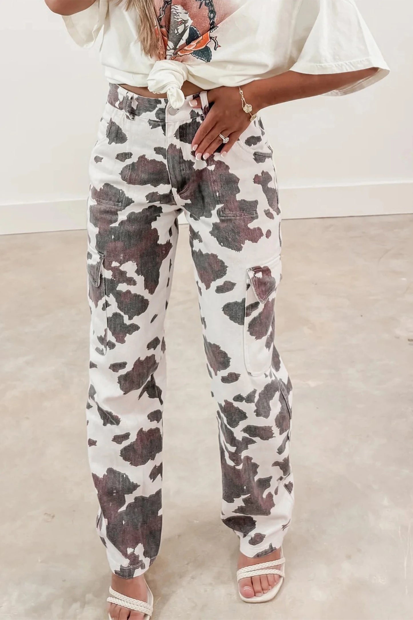 Cow Printed Cargo Jeans