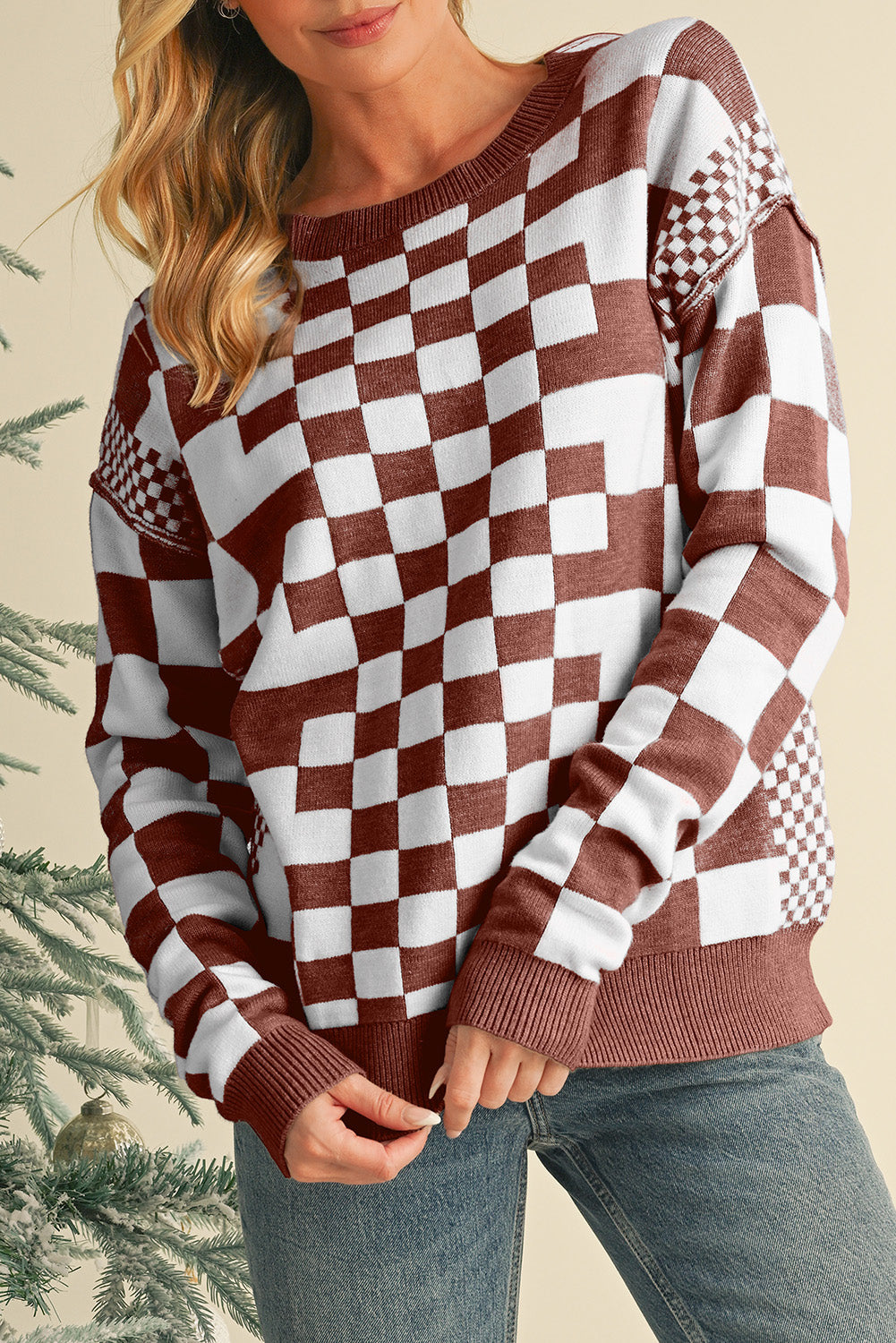 Brown Checkered Drop Shoulder Round Neck Sweater