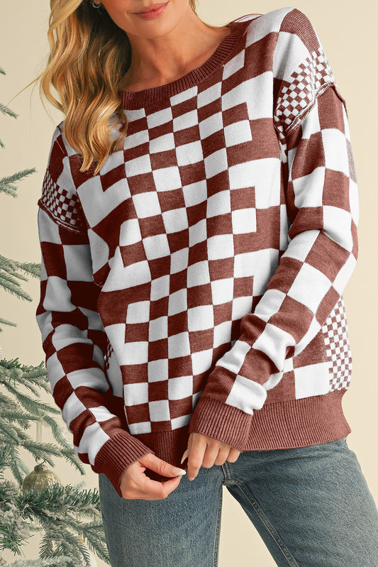 Brown Checkered Drop Shoulder Round Neck Sweater