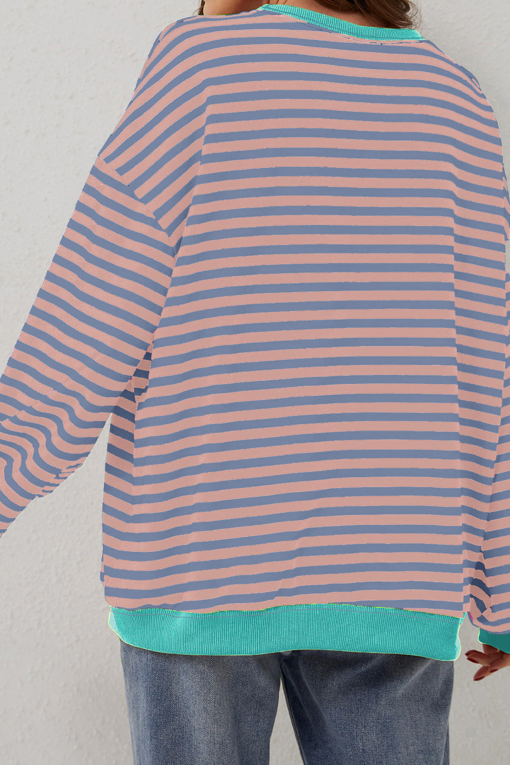Sky Blue Striped Contrast Trim Drop Shoulder Sweatshirt