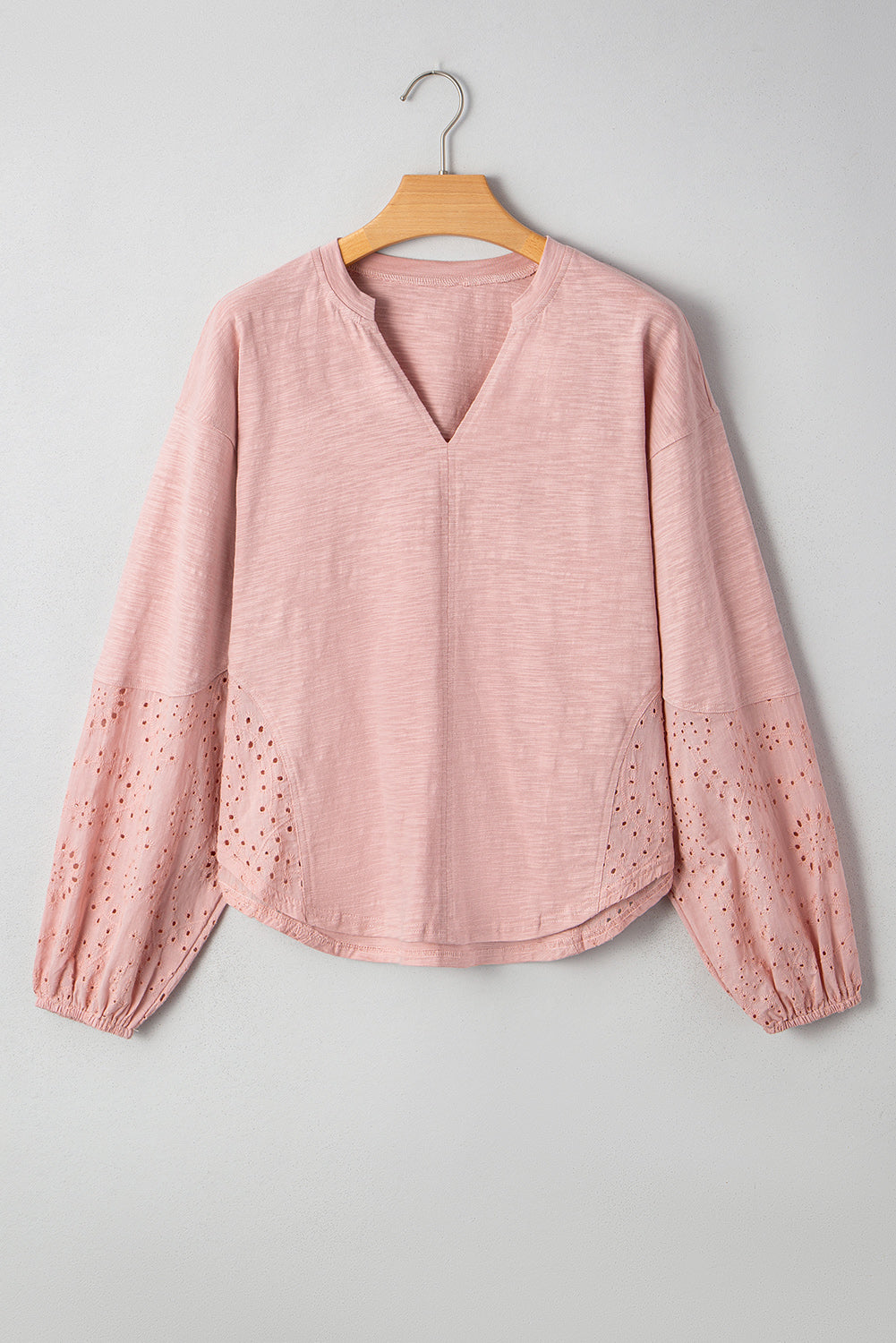 Light Pink Notch V Neck Batwing Sleeve Patchwork Blouse
