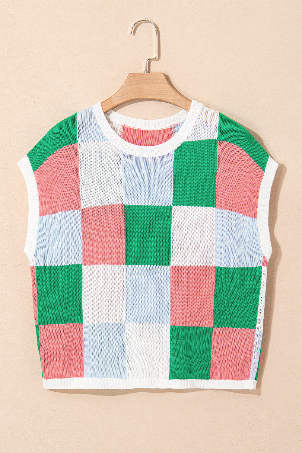 Fiery Red Checkered Color Block Cap Sleeve Knitted Top