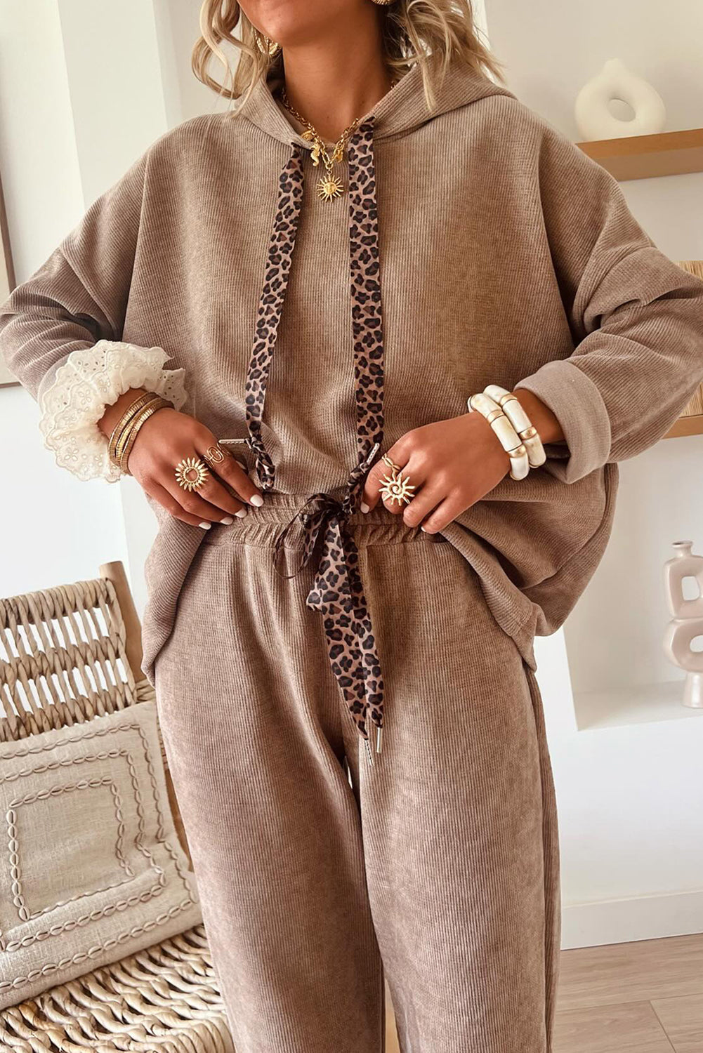 Smoke Gray Drawstring Pullover Hoodie and High Waist Pants Corduroy Suit