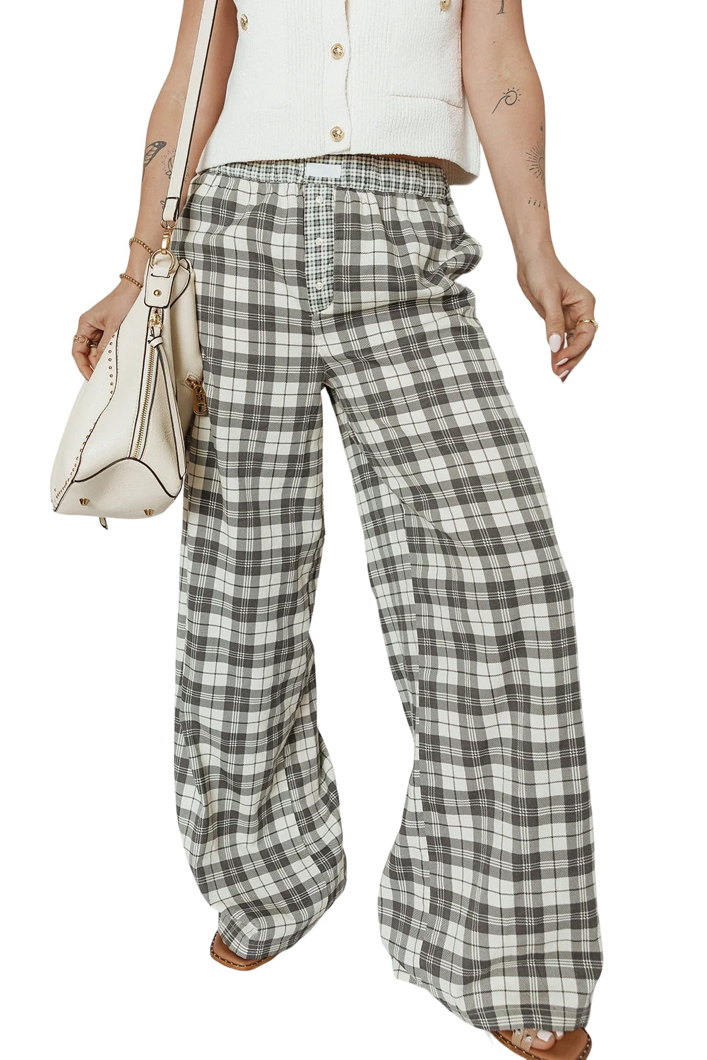 Gray Plaid Wide Leg Casual Pants