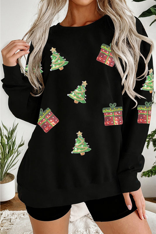 Black Sequin Christmas Trees Gifts Patched Drop Shoulder Sweatshirt