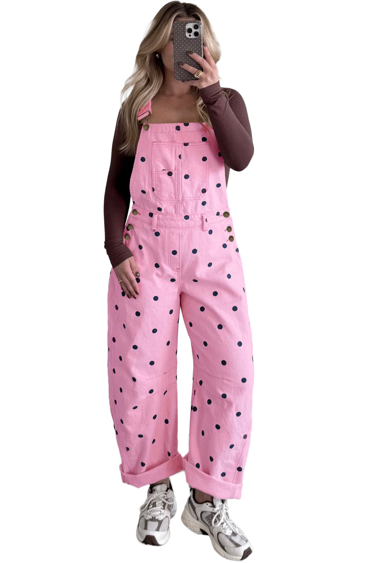 Light French Beige Polka Dot Print Bib Pocket Denim Barrel Overalls Jumpsuit