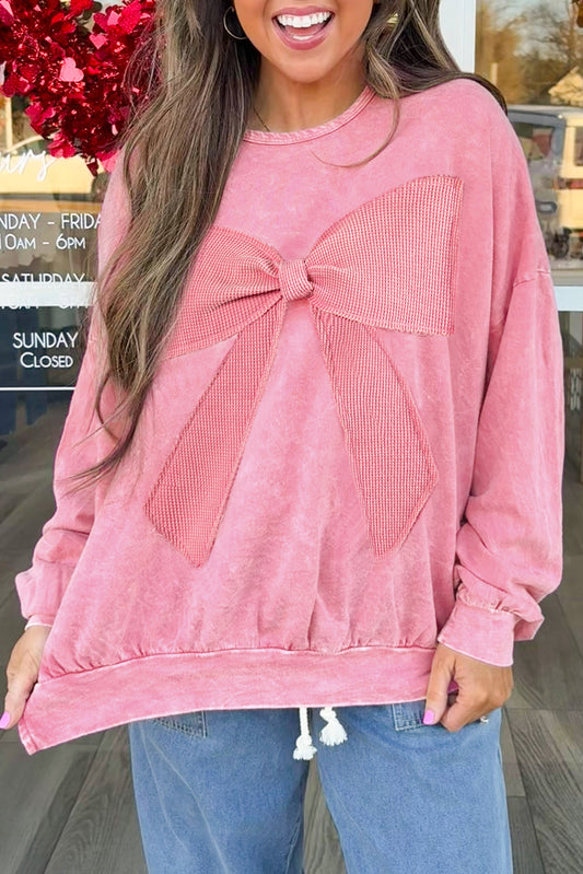 Bright Pink Mineral Wash Waffle Bow Patched Pullover Sweatshirt