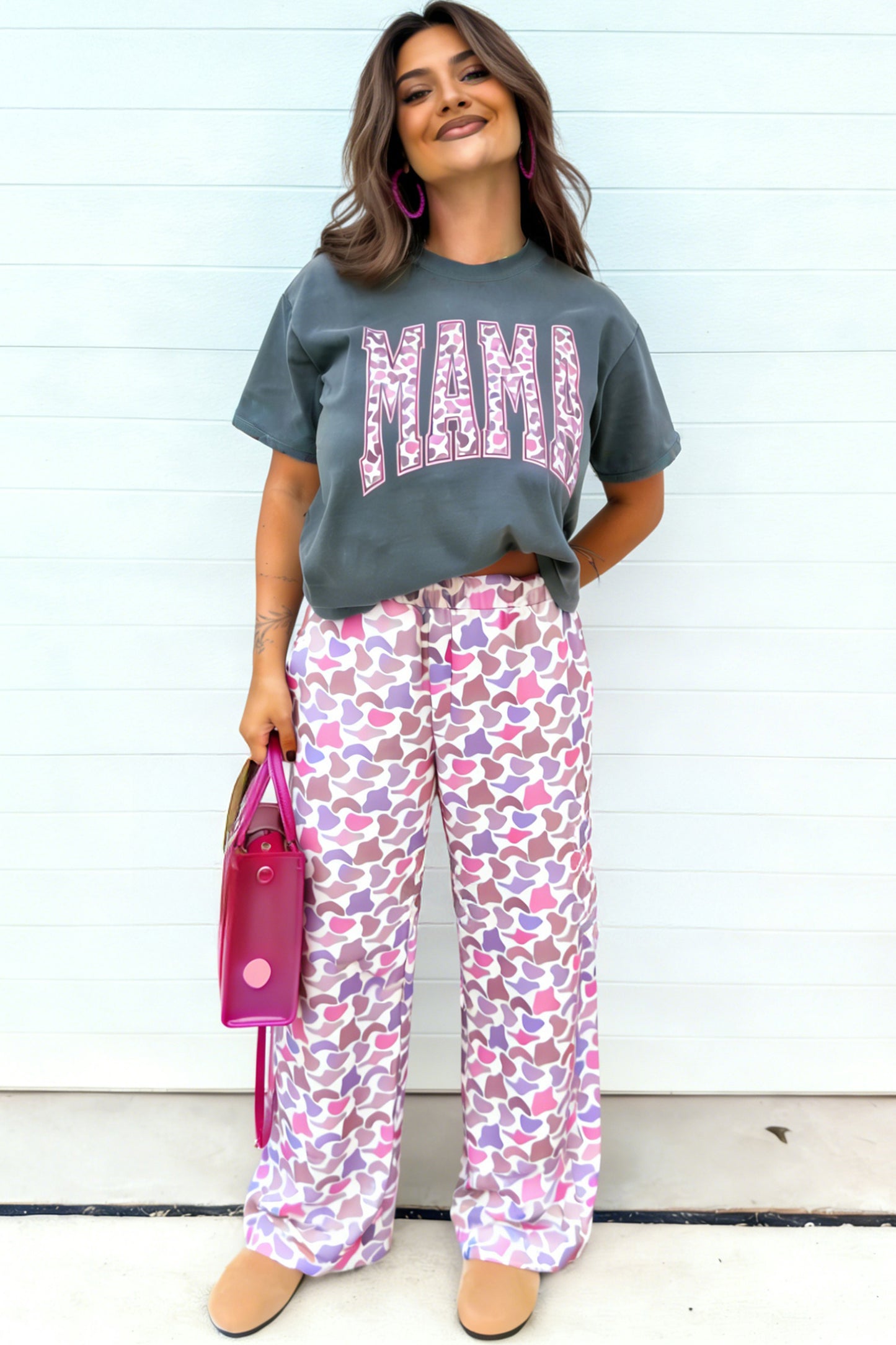 Grey MAMA Letter Graphic Tee Camouflage Print Loose Pant Set