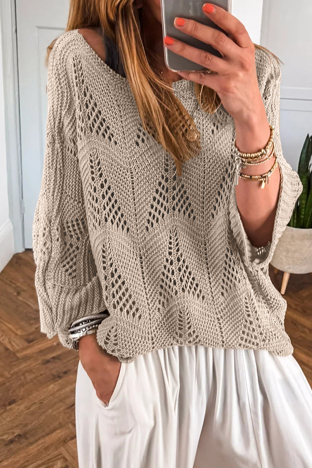 Seagrass Hollow Out Knit 3/4 Sleeve Loose Sweater