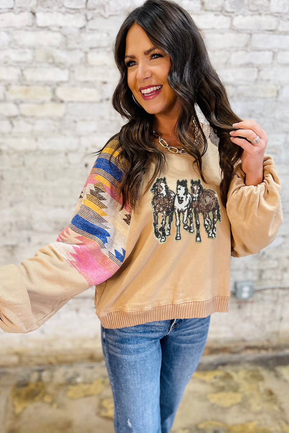 Light French Beige Sequined Horses Graphic Fashion Sweatshirt