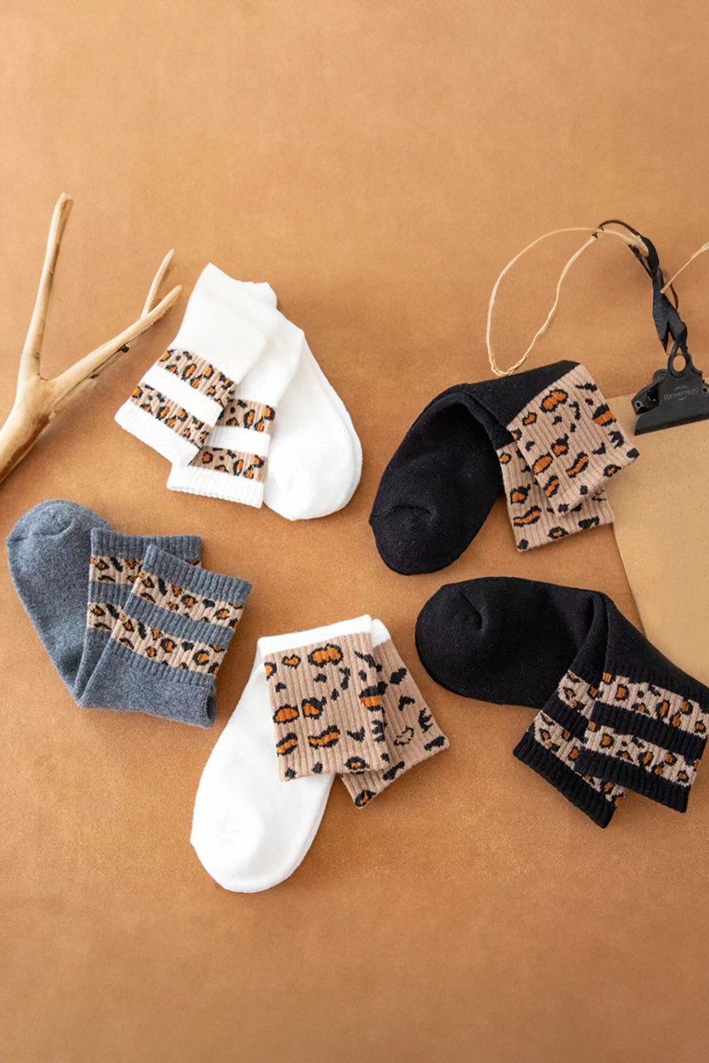 White Leopard Double Stripe Crew Socks