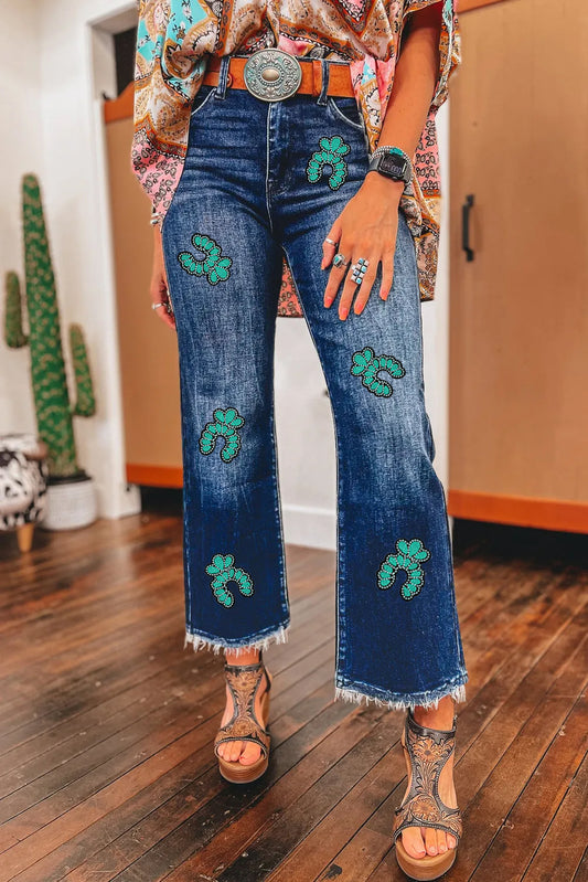 Sail Blue Turquoise Pattern Raw Edge Cropped High Waist Jeans