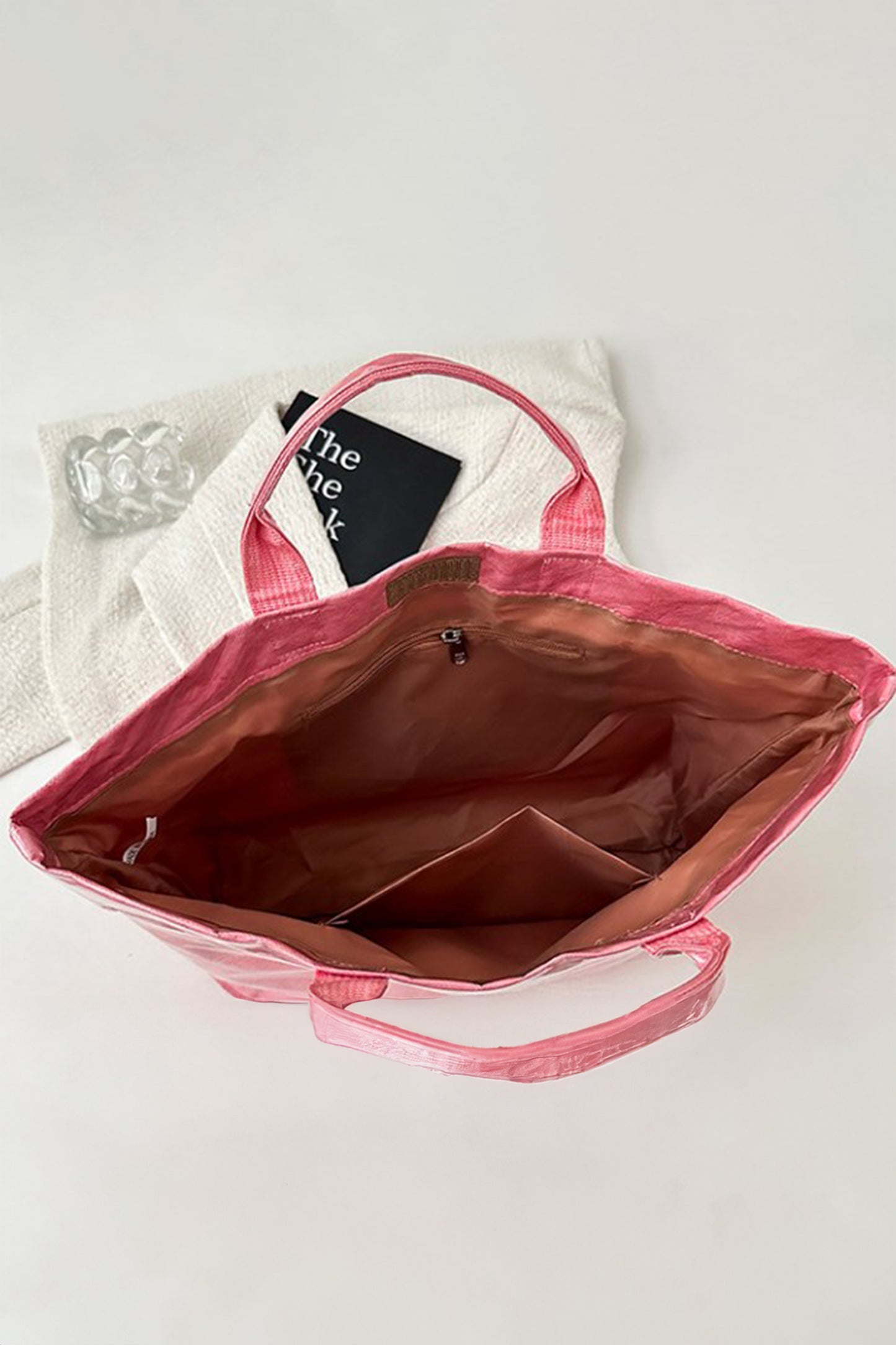 Pink Glossy Striped Vinyl Large Tote Bag