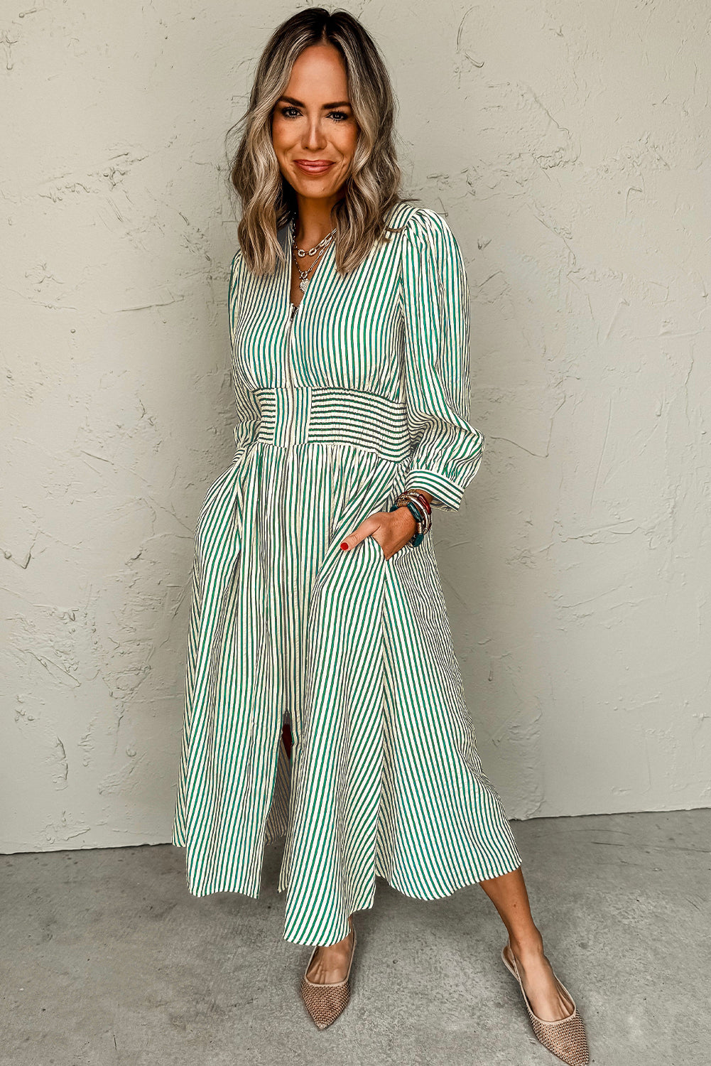 Black Striped V Neck Zip Front Cinched High Waist Midi Dress