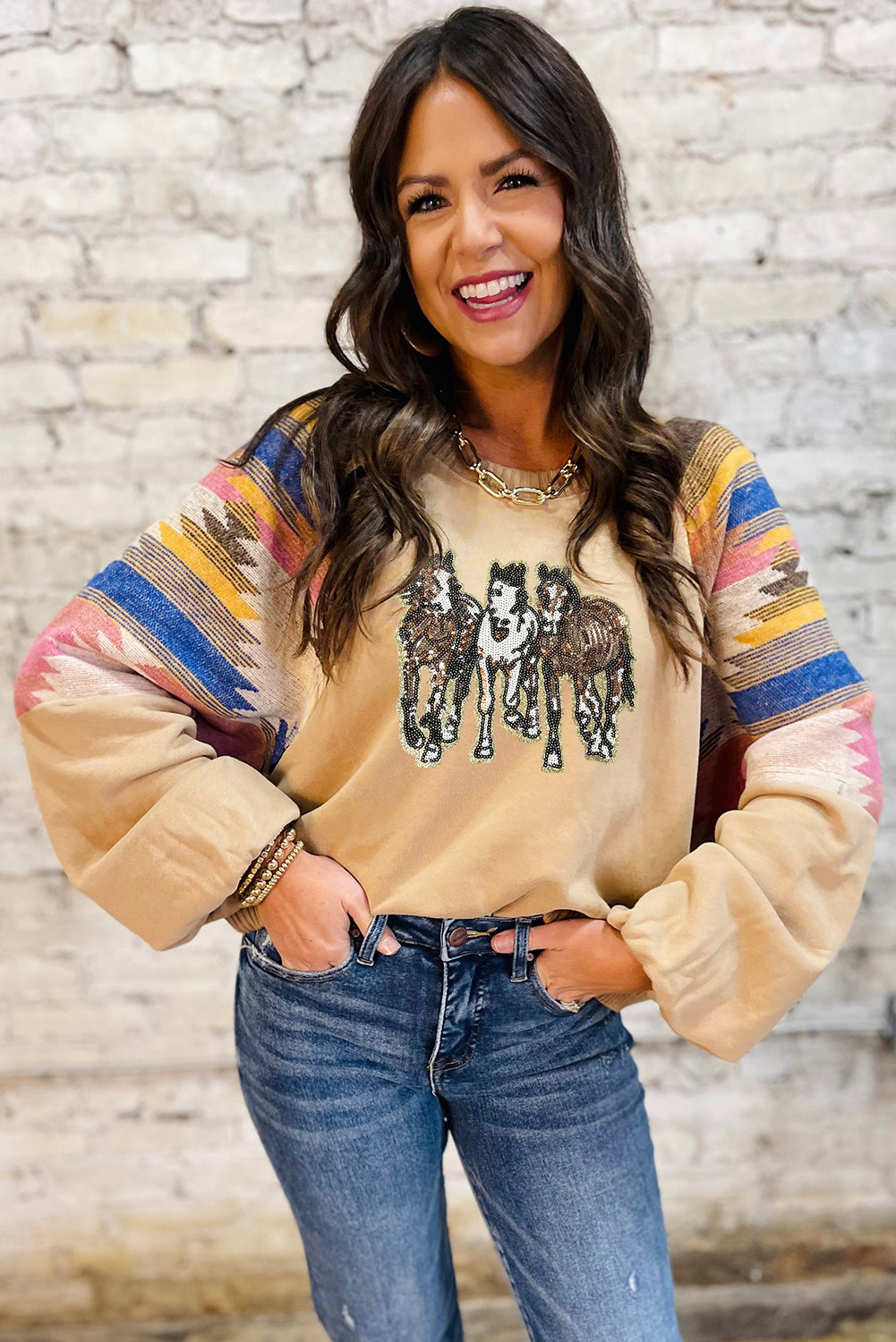 Light French Beige Sequined Horses Graphic Fashion Sweatshirt