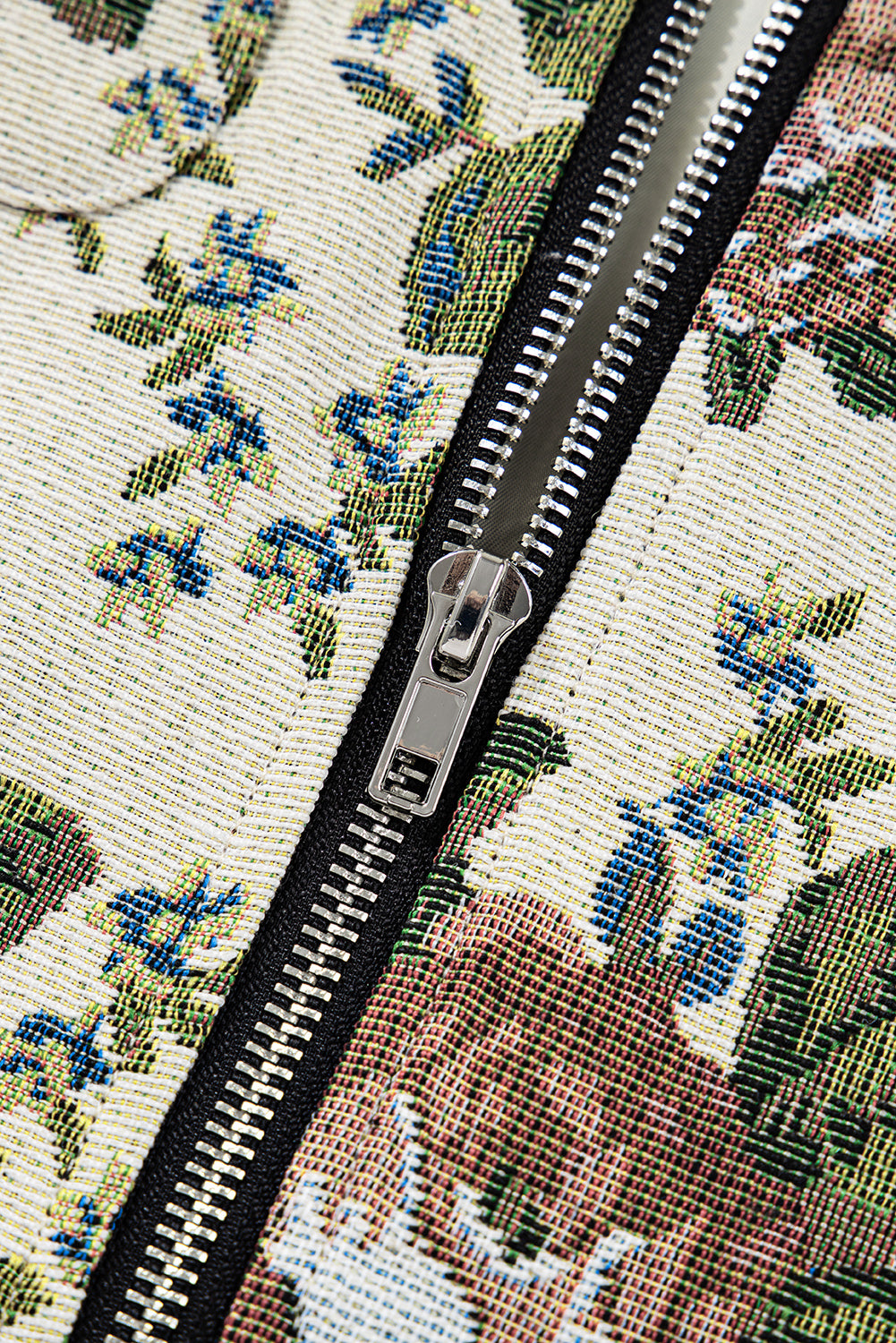 Khaki Floral Print Zip Up Contrast Collared Jacket