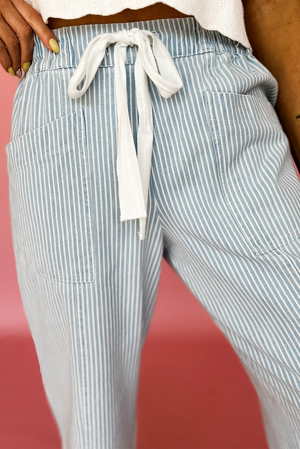 Sky Blue Striped Mid Rise Drawstring Waist Jeans