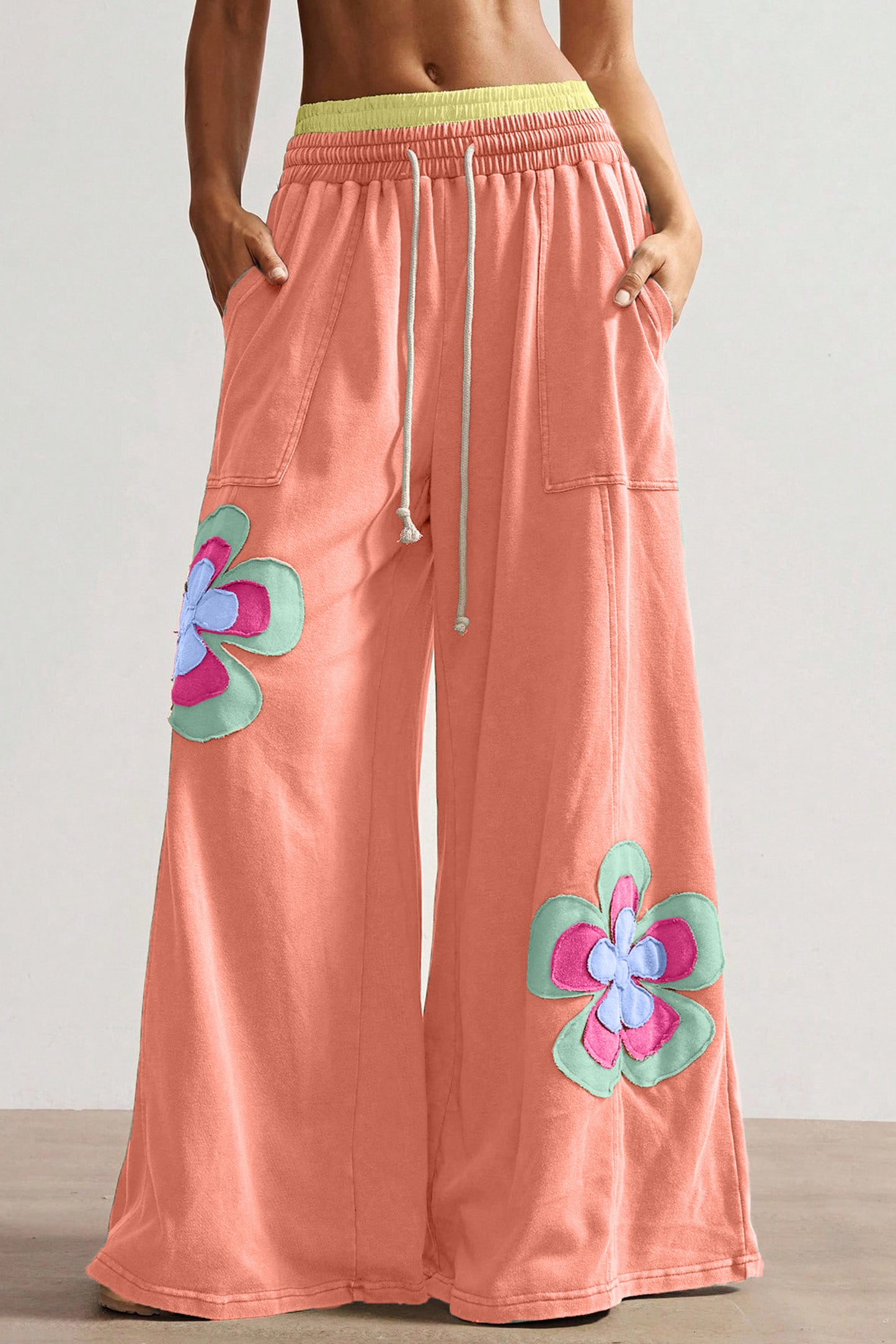Block Flower Patchwork Drawstring Contrasted Elastic Waist Wide Leg Pants