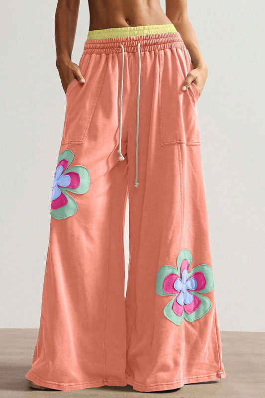 Block Flower Patchwork Drawstring Contrasted Elastic Waist Wide Leg Pants