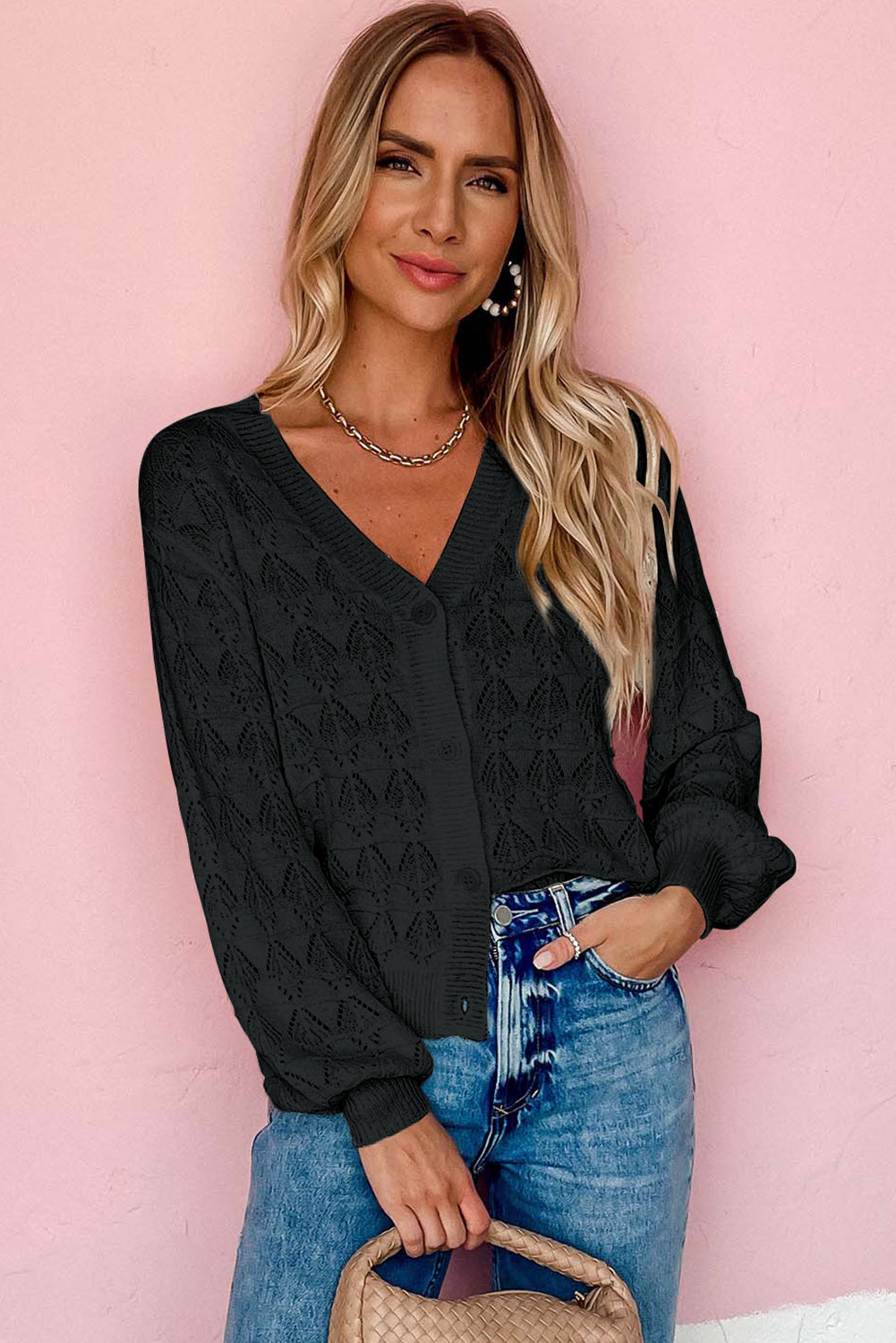 Black Lightweight Buttoned Front Crochet Cardigan