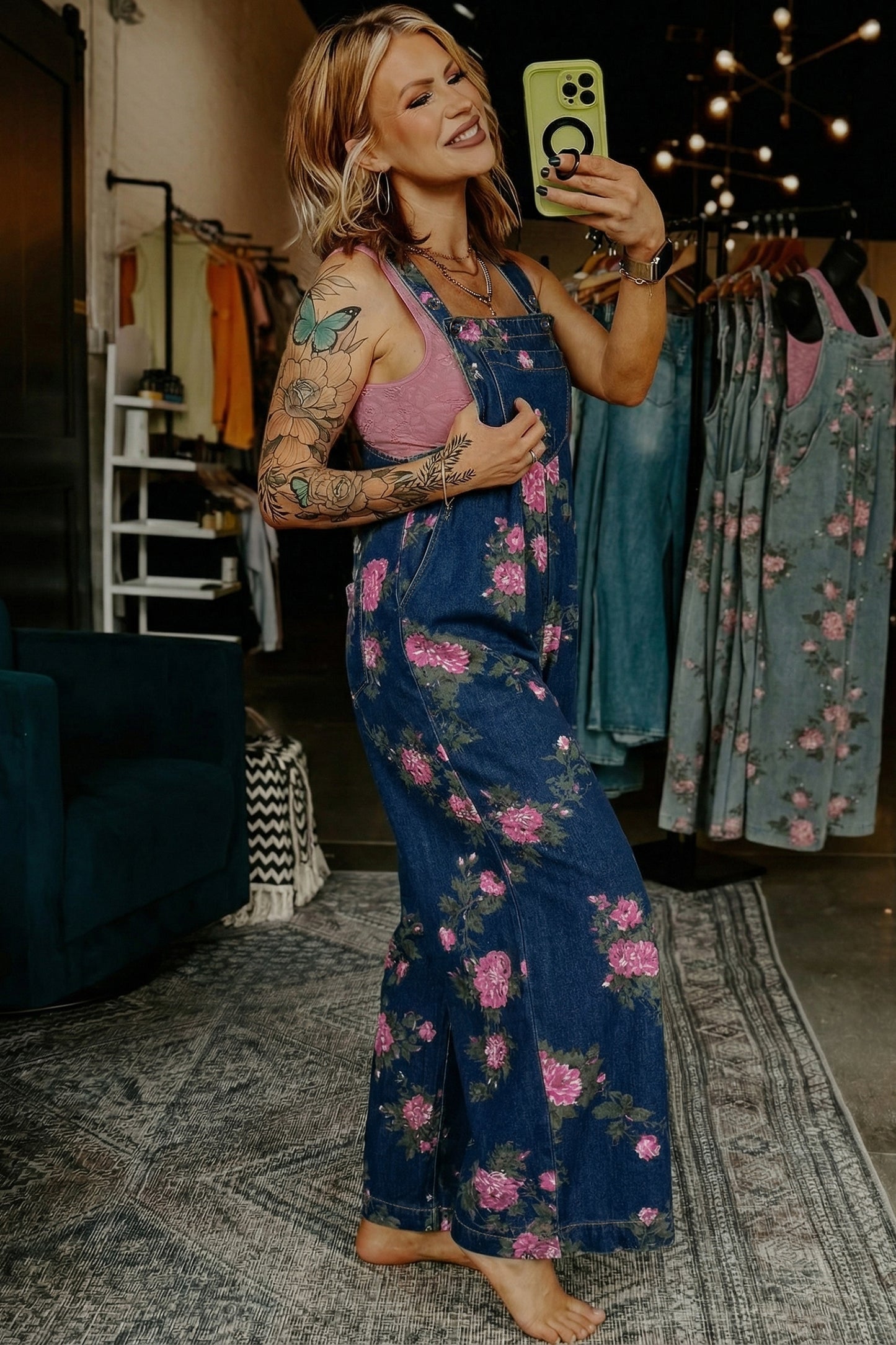 Gray Beau Floral Print Pleated High Waist Wide Leg Denim Jumpsuit