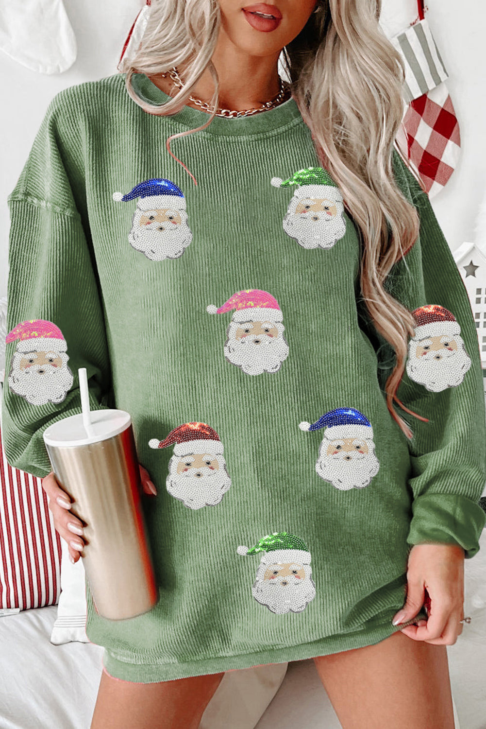 Grass Green Corded Ribbed Santa Claus Graphic Sequins Patch Sweatshirt