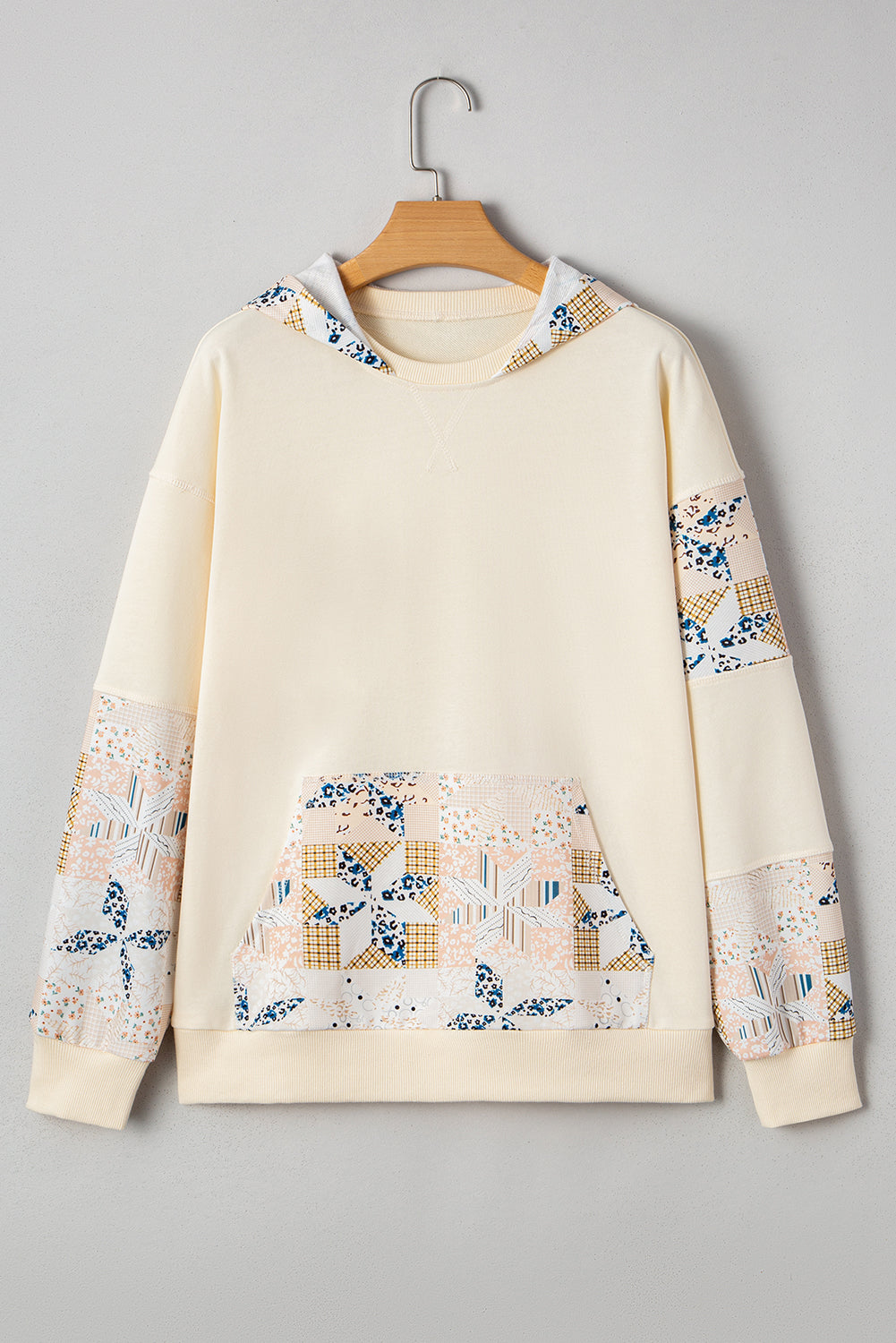 Beige Geometric Pattern Patchwork Hoodie