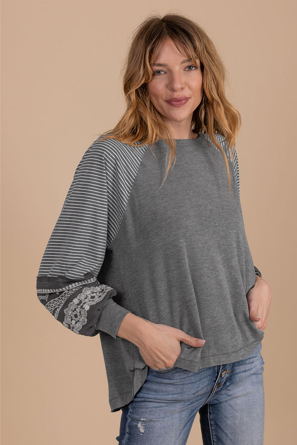 Brown Contrast Print Striped Raglan Long Sleeve Loose Top