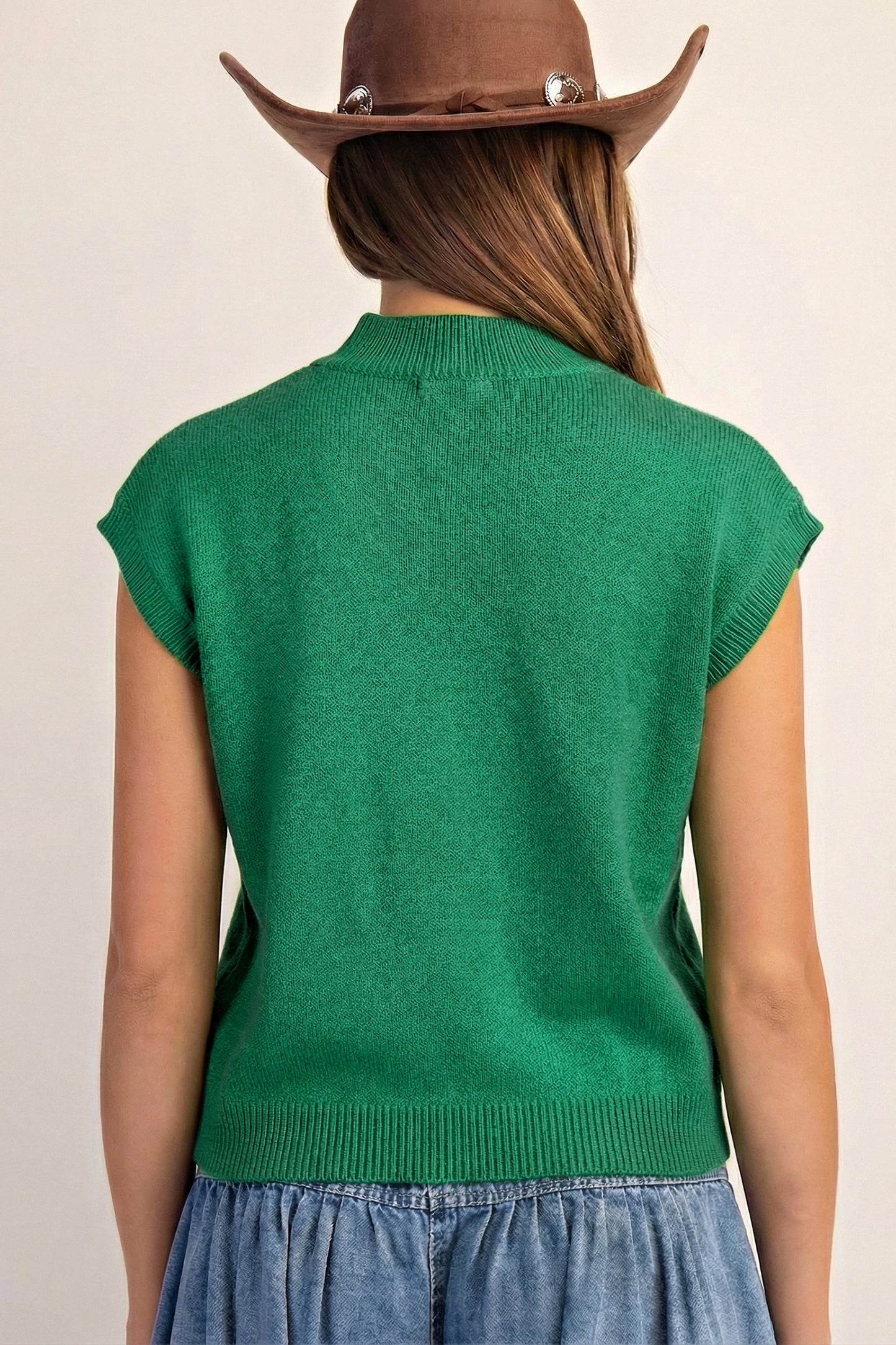 Bright Corded Horseshoes Ribbed Trim Mock Neck Short Sleeve Sweater