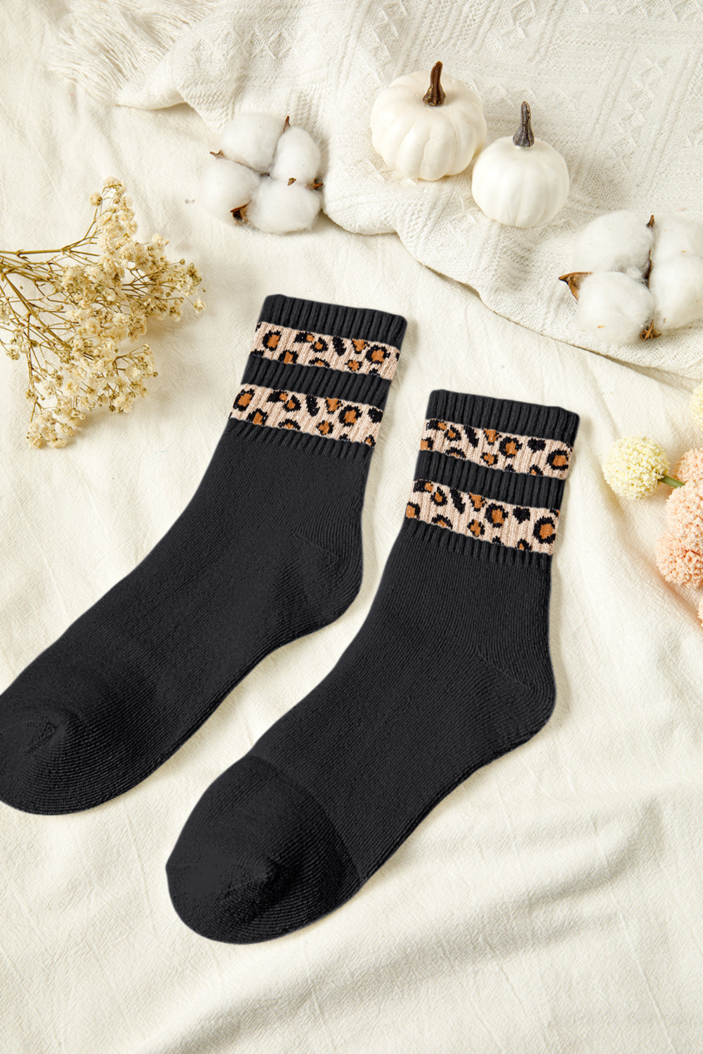 White Leopard Double Stripe Crew Socks