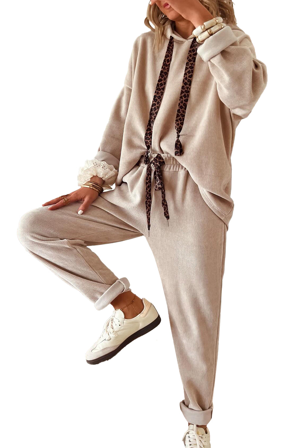 Smoke Gray Drawstring Pullover Hoodie and High Waist Pants Corduroy Suit