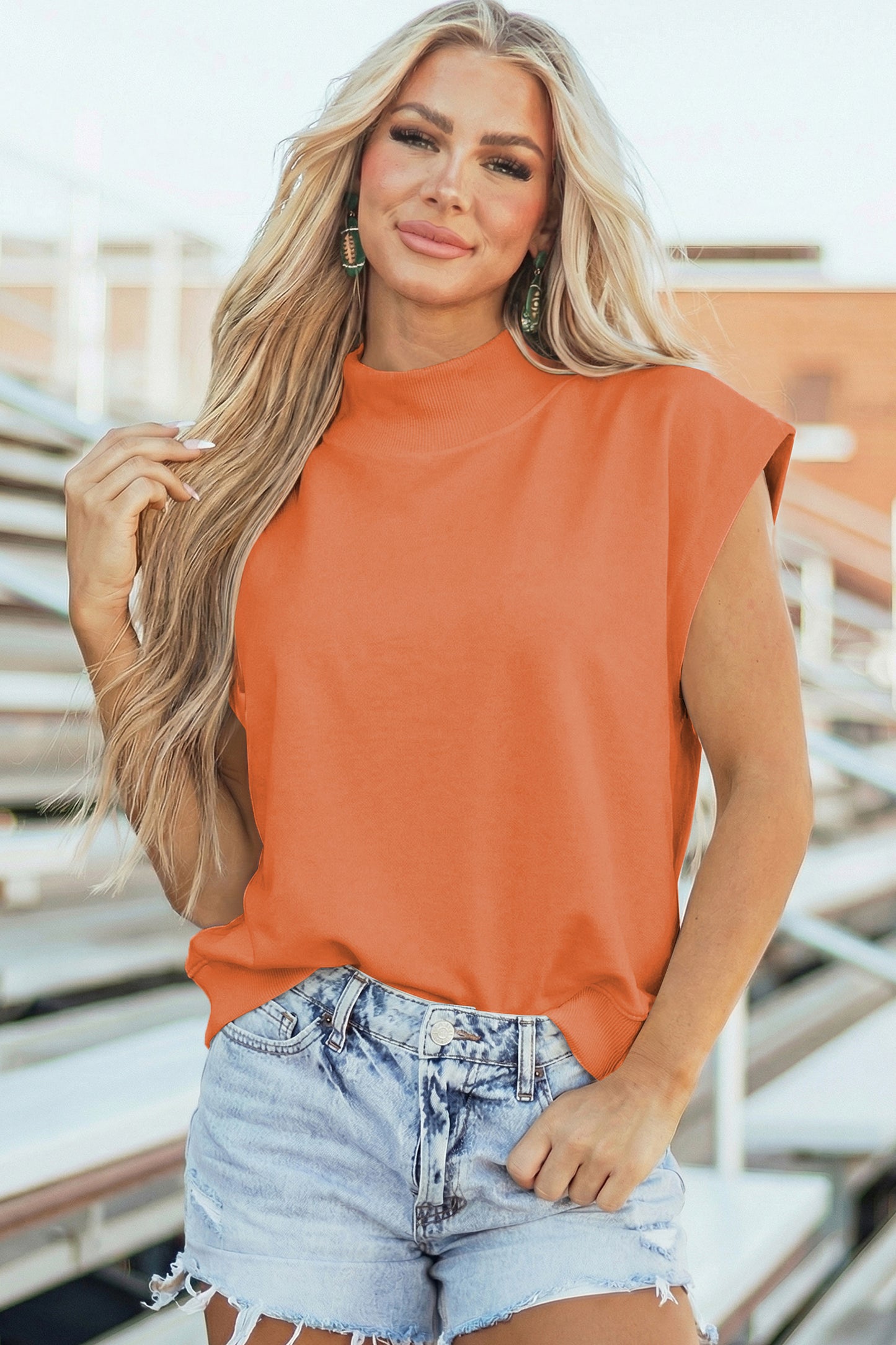 Black Solid Color High Neck Cap Sleeve Loose Top